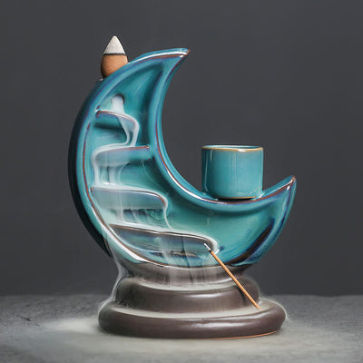 Blue Crescent Moon Ceramic Backflow Incense Burner 12.2cm
