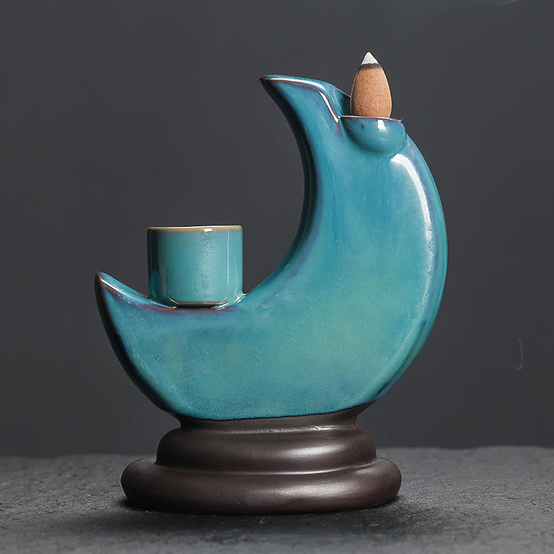 Blue Crescent Moon Ceramic Backflow Incense Burner 12.2cm