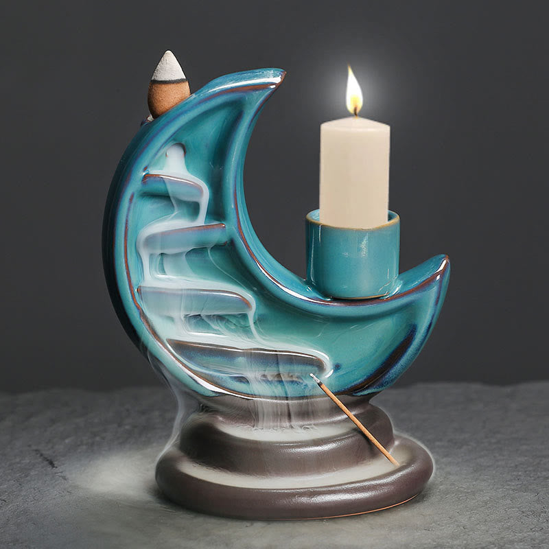 Blue Crescent Moon Ceramic Backflow Incense Burner 12.2cm