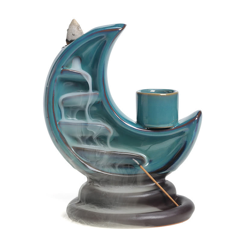 Blue Crescent Moon Ceramic Backflow Incense Burner 12.2cm