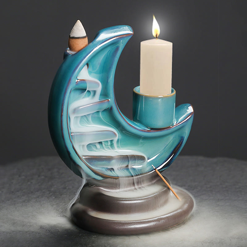 Blue Crescent Moon Ceramic Backflow Incense Burner 12.2cm