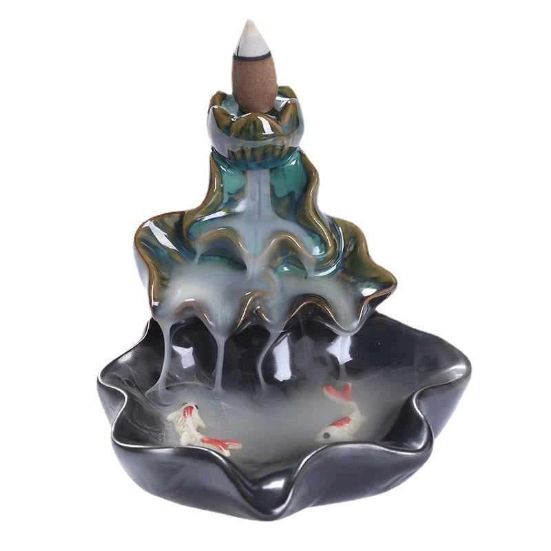 Lotus Leaf Koi Fish Ceramic Backflow Incense Burner 11.5cm