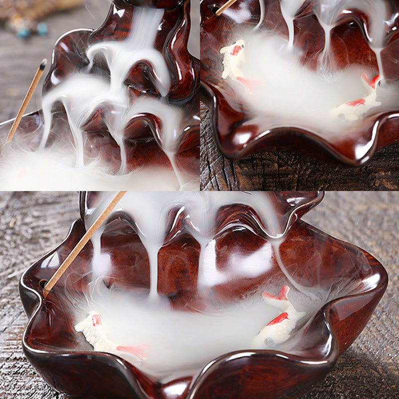 Lotus Leaf Koi Fish Ceramic Backflow Incense Burner 11.5cm