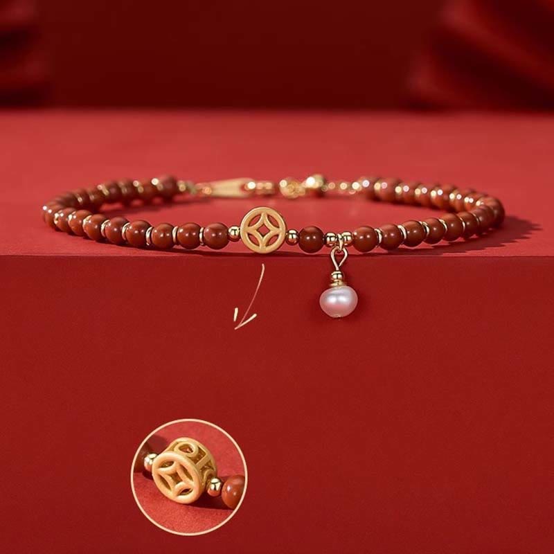 14K Gold Plated Red Agate Confidence Bracelet with Copper Coin