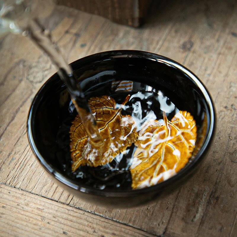 Gold Maple Leaf Jian Zhan Tenmoku Ceramic Teacup 120ml