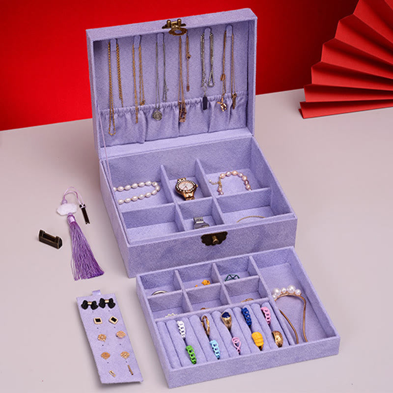 Two-Layer Flannel Jewelry Box with Lock for Zen Decor