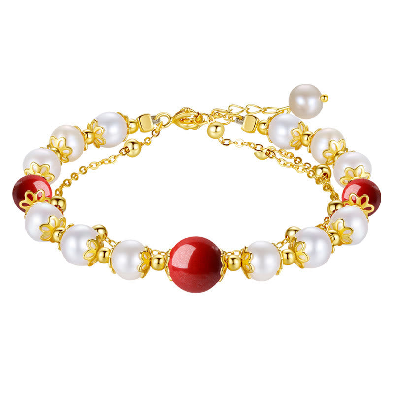Pearl Cinnabar 925 Silver Wisdom Double Layer Chain Bracelet