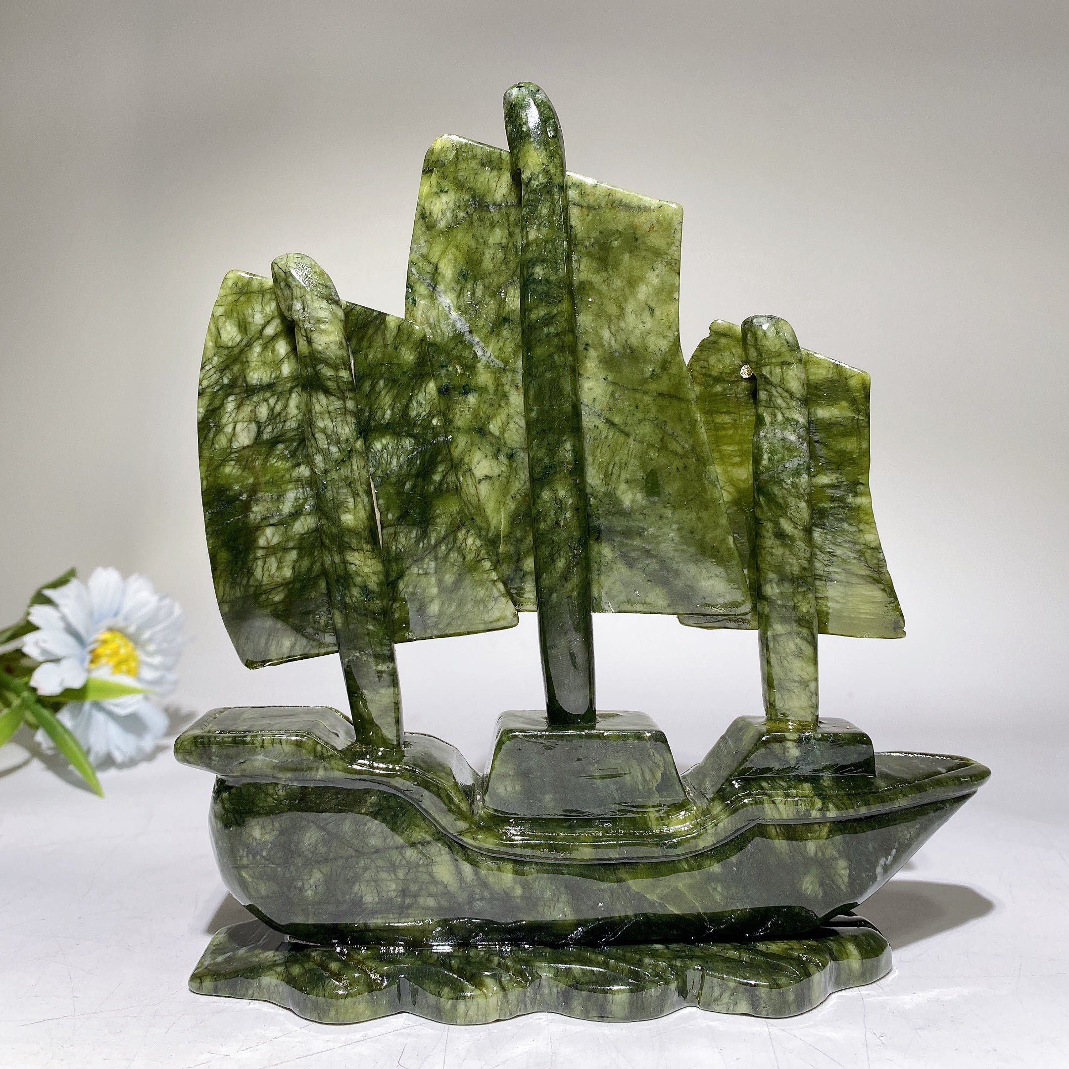 17cm Serpentine Crystal Sailboat Figurine Carving for Healing