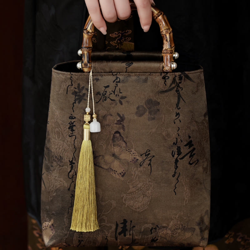 Bamboo Leaves Butterfly Koi Fish Handbag with Jade Handles