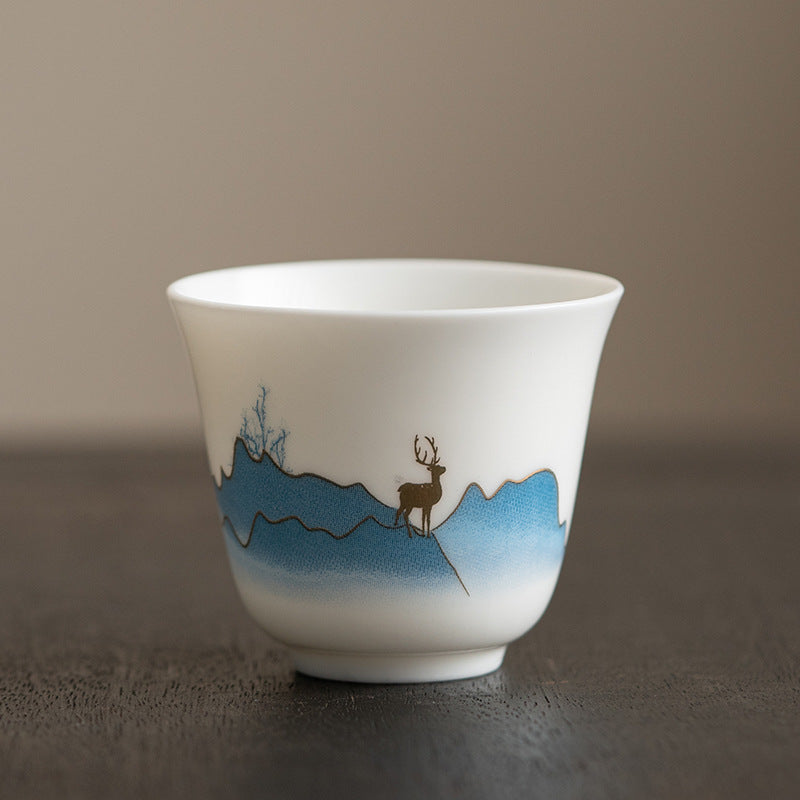 Zen Ceramic Teacup with Lotus Flower and Mountain Design 100ml