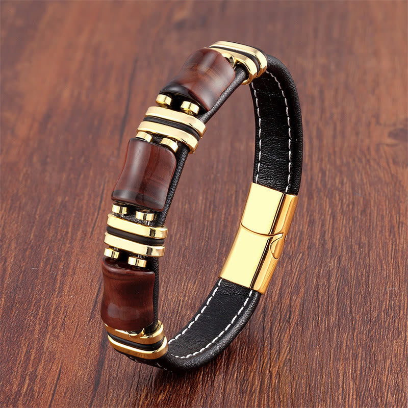18-22cm Tiger Eye Protection Leather Bracelet with Bamboo Stones
