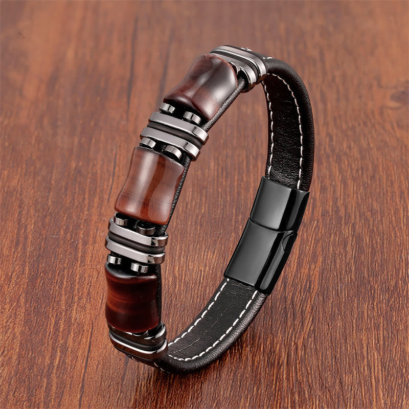 18-22cm Tiger Eye Protection Leather Bracelet with Bamboo Stones