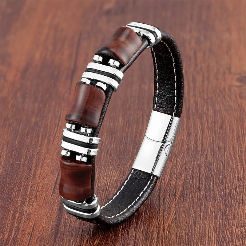 18-22cm Tiger Eye Protection Leather Bracelet with Bamboo Stones