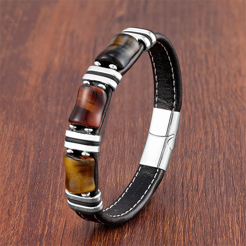 18-22cm Tiger Eye Protection Leather Bracelet with Bamboo Stones