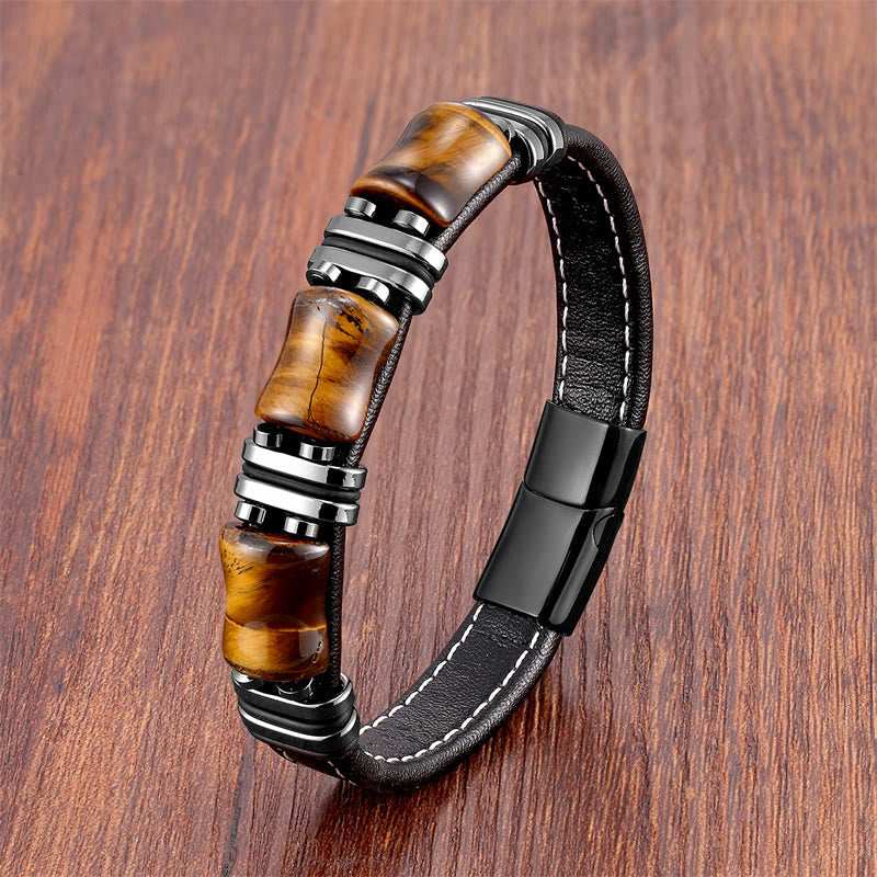 18-22cm Tiger Eye Protection Leather Bracelet with Bamboo Stones