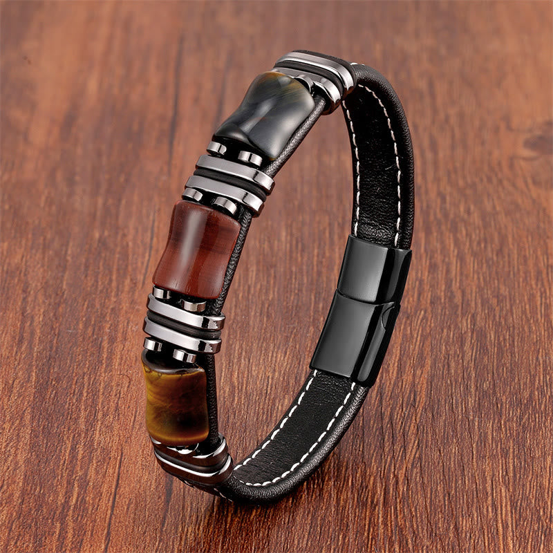 18-22cm Tiger Eye Protection Leather Bracelet with Bamboo Stones