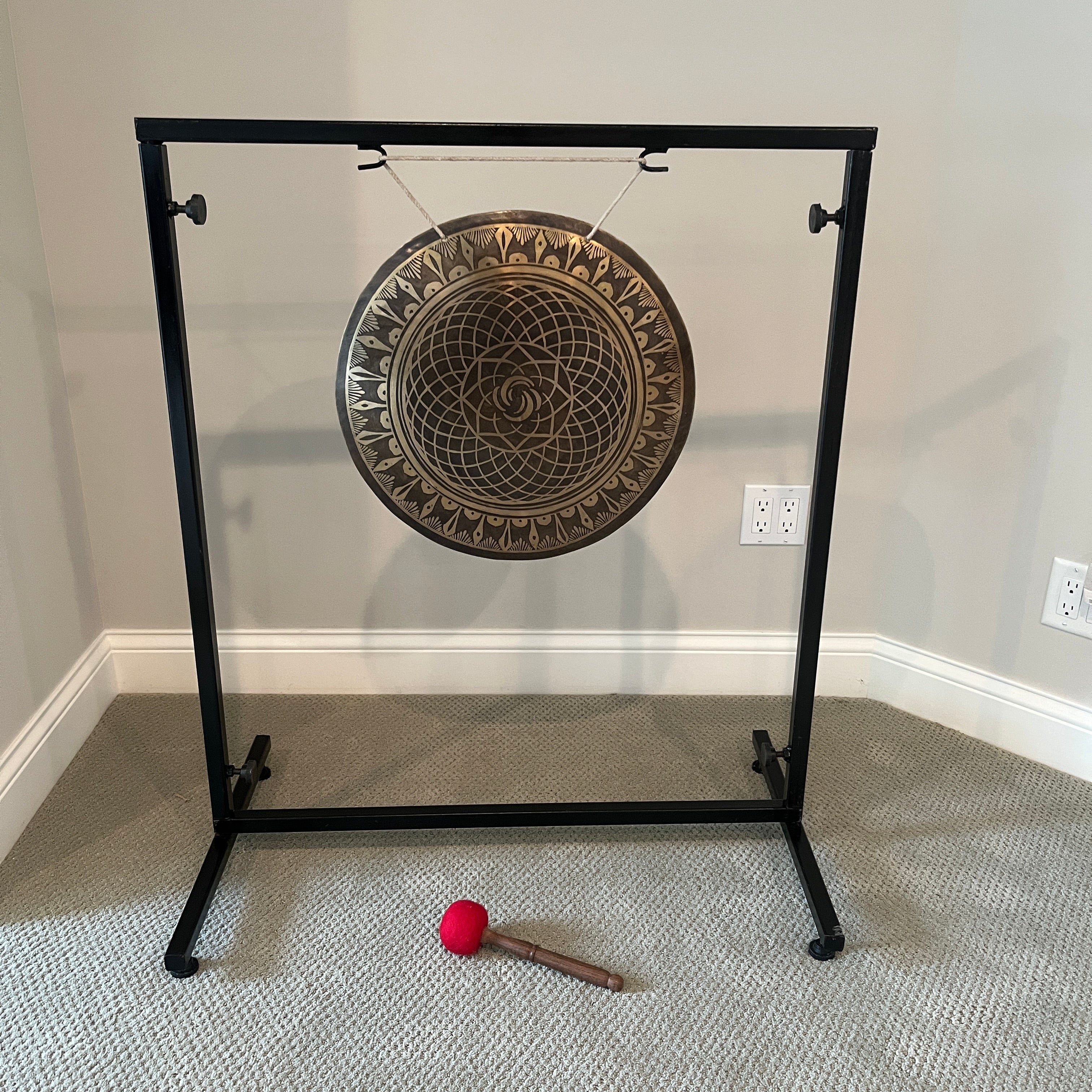 Decorative 18 inch Bronze Wind Gong with black metal stand and red mallet
