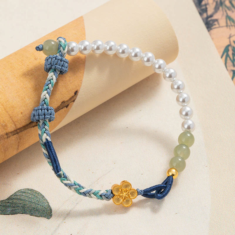 Sterling Silver Hetian Jade Luck Bracelet with Peach Blossom & Pearls