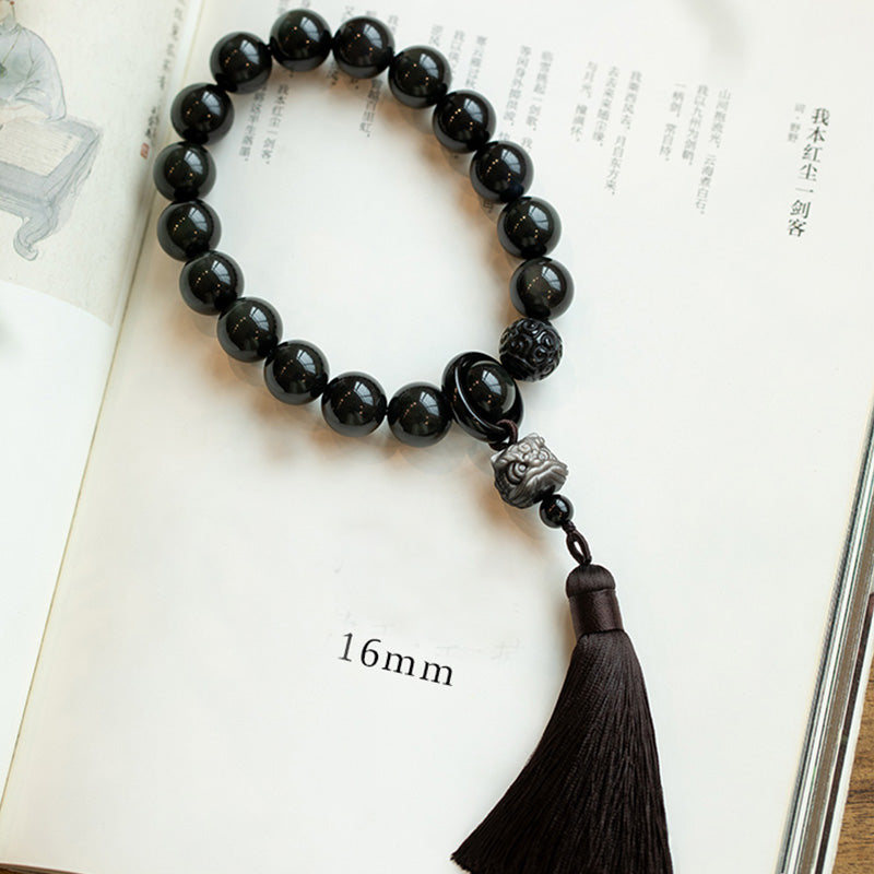 16mm Silver Sheen Obsidian Lion Wrist Mala for Protection & Wisdom