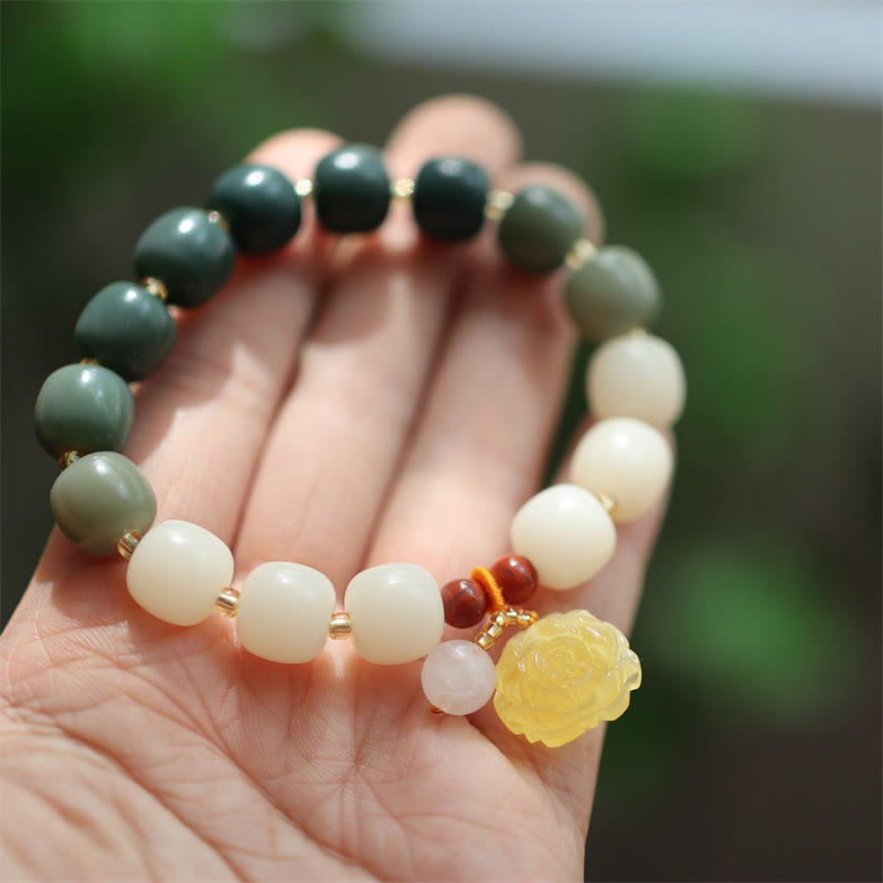 Unisex Lotus Bracelet with Bodhi Seed, Amber & Red Agate Beads
