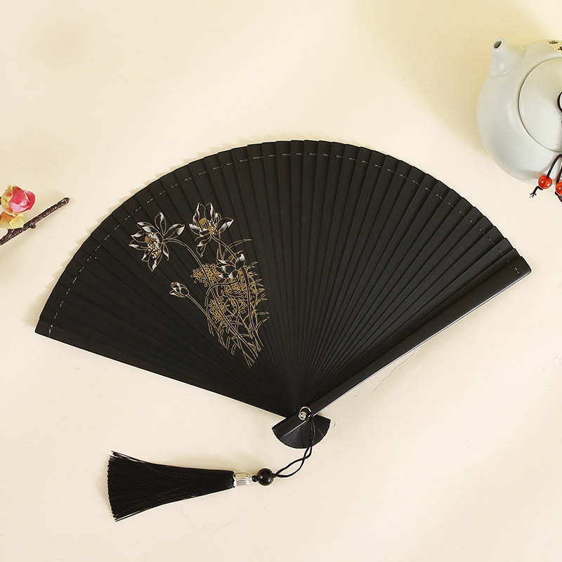 18cm Bamboo Folding Fan with Hibiscus and Plum Blossom Design