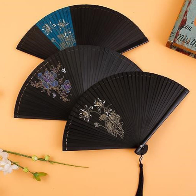 18cm Bamboo Folding Fan with Hibiscus and Plum Blossom Design