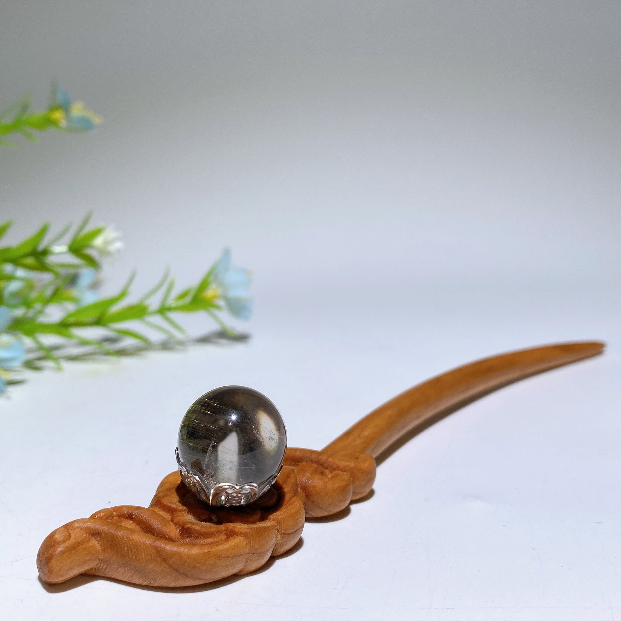 18cm Rutilated & Garden Quartz Wooden Hairpin