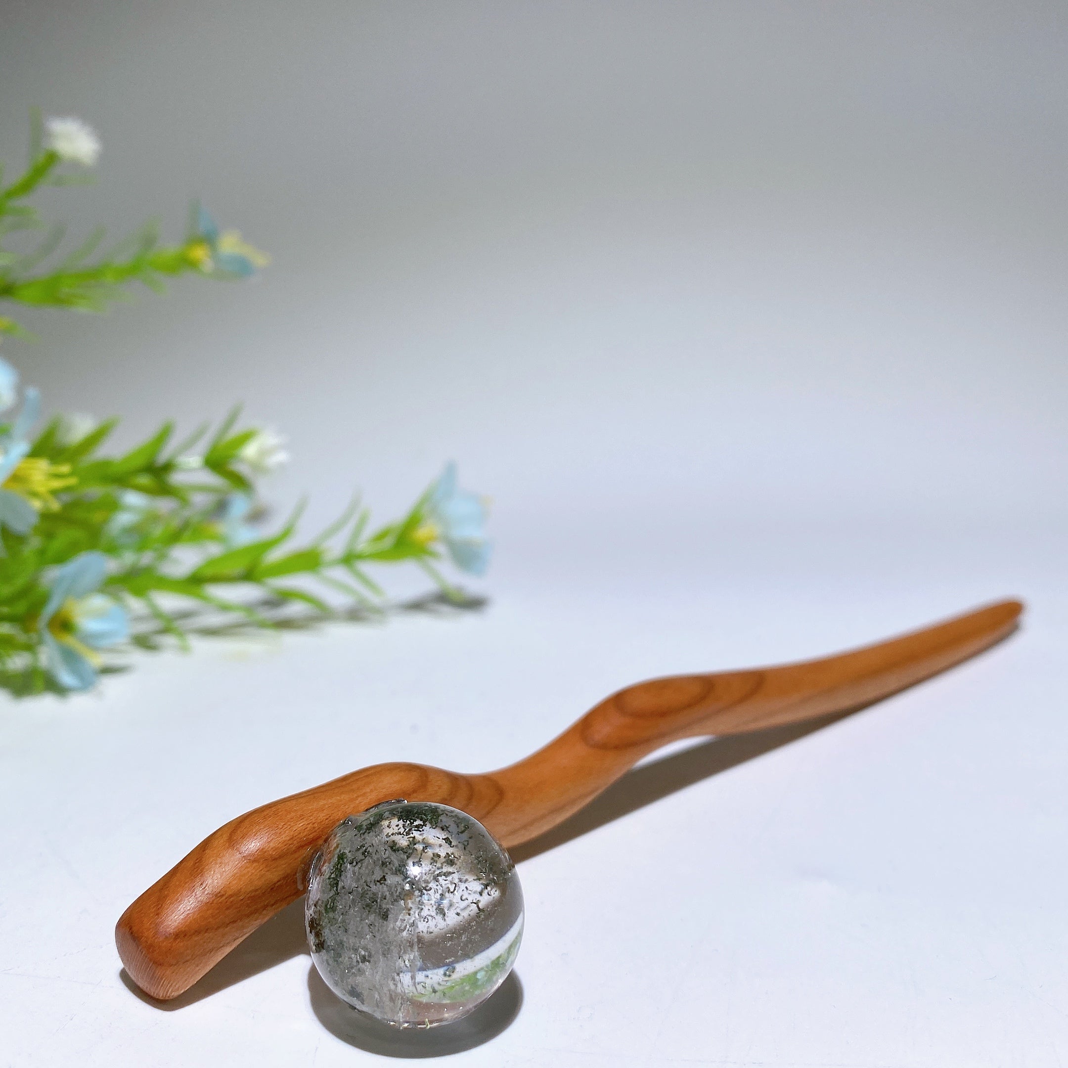 18cm Rutilated & Garden Quartz Wooden Hairpin
