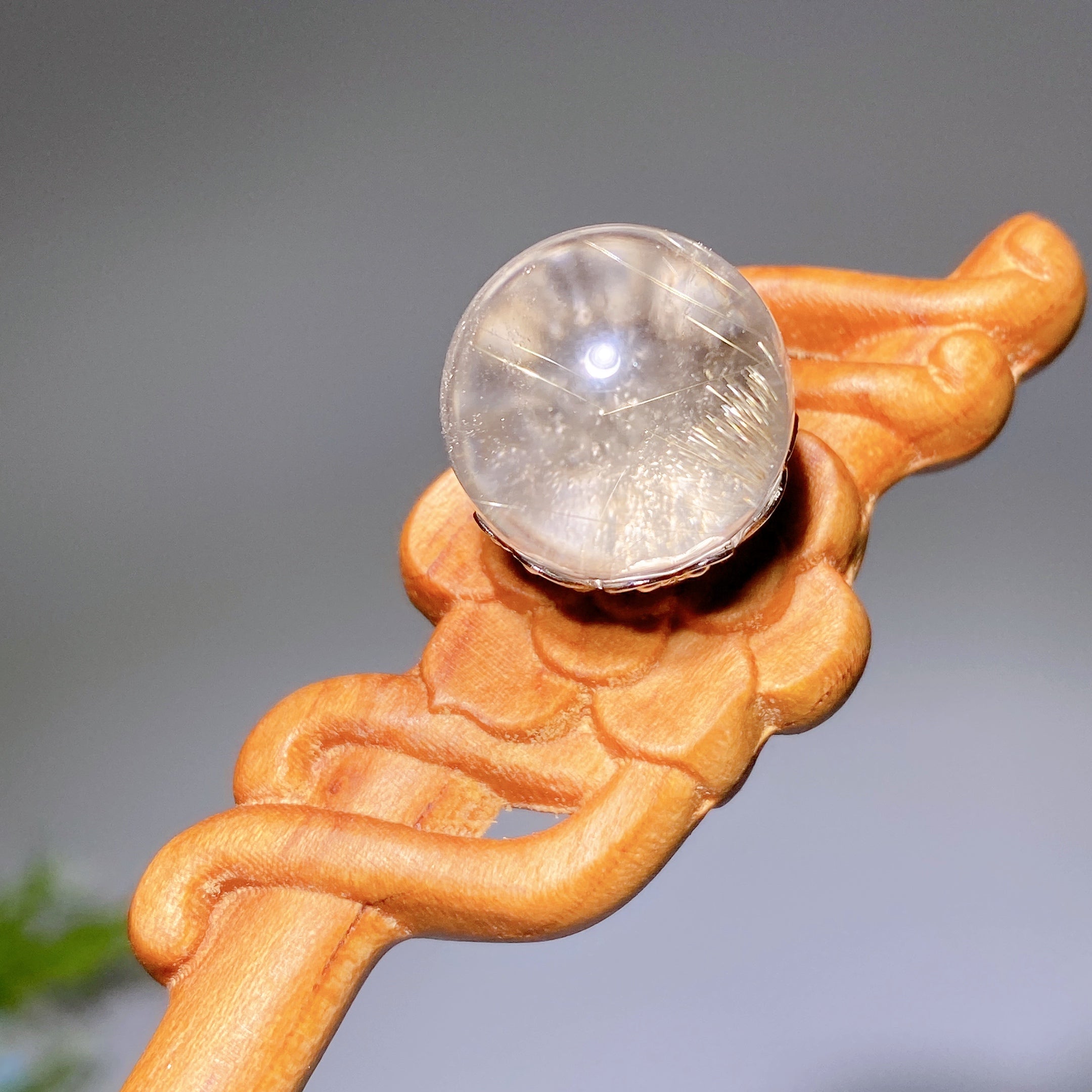 18cm Rutilated & Garden Quartz Wooden Hairpin