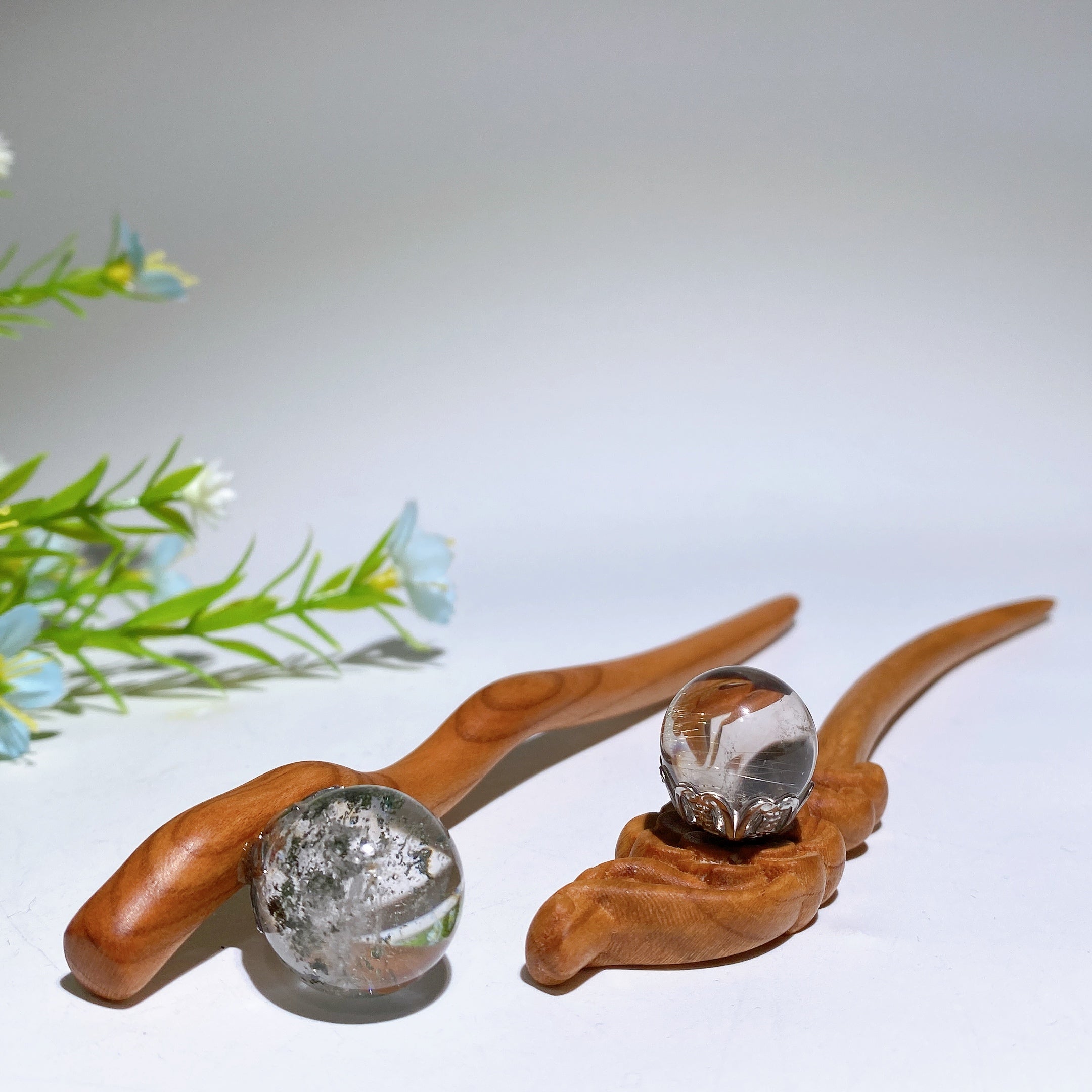 18cm Rutilated & Garden Quartz Wooden Hairpin