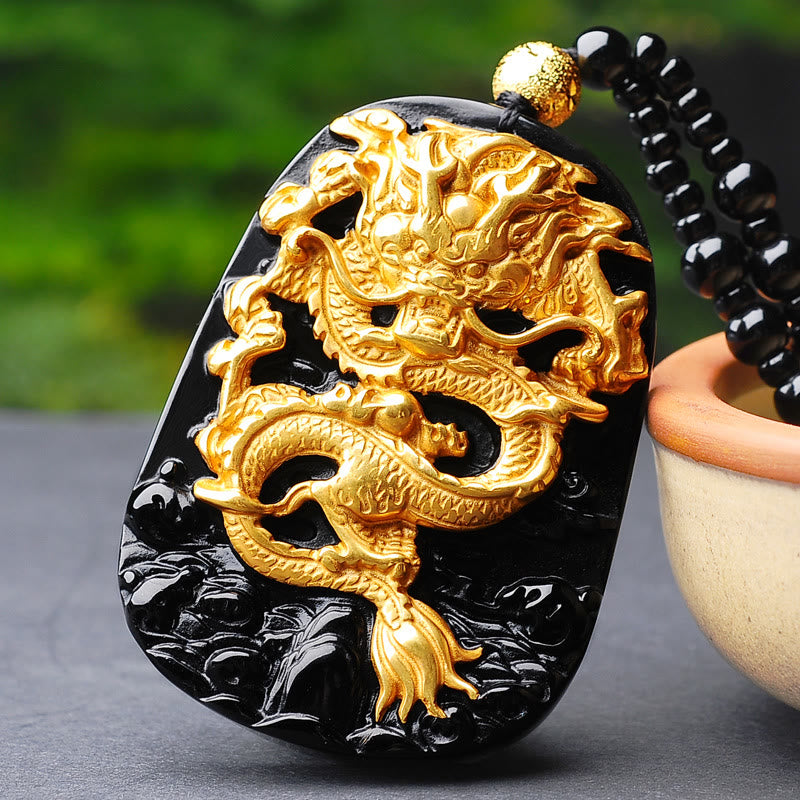 18k Gold-plated Obsidian Dragon Pendant Necklace 52cm