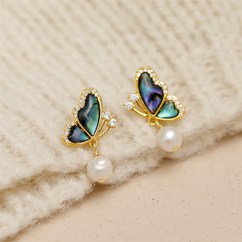 18K Gold Plated Pearl Butterfly Love Stud Earrings