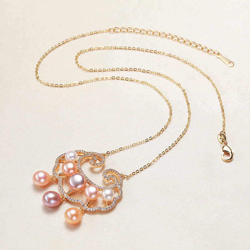 18K Gold Plated Pearl Necklace with Chinese Lock Charm for Sincerity