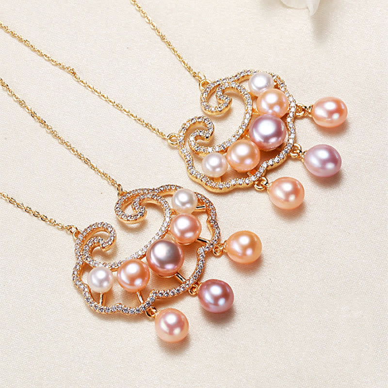 18K Gold Plated Pearl Necklace with Chinese Lock Charm for Sincerity