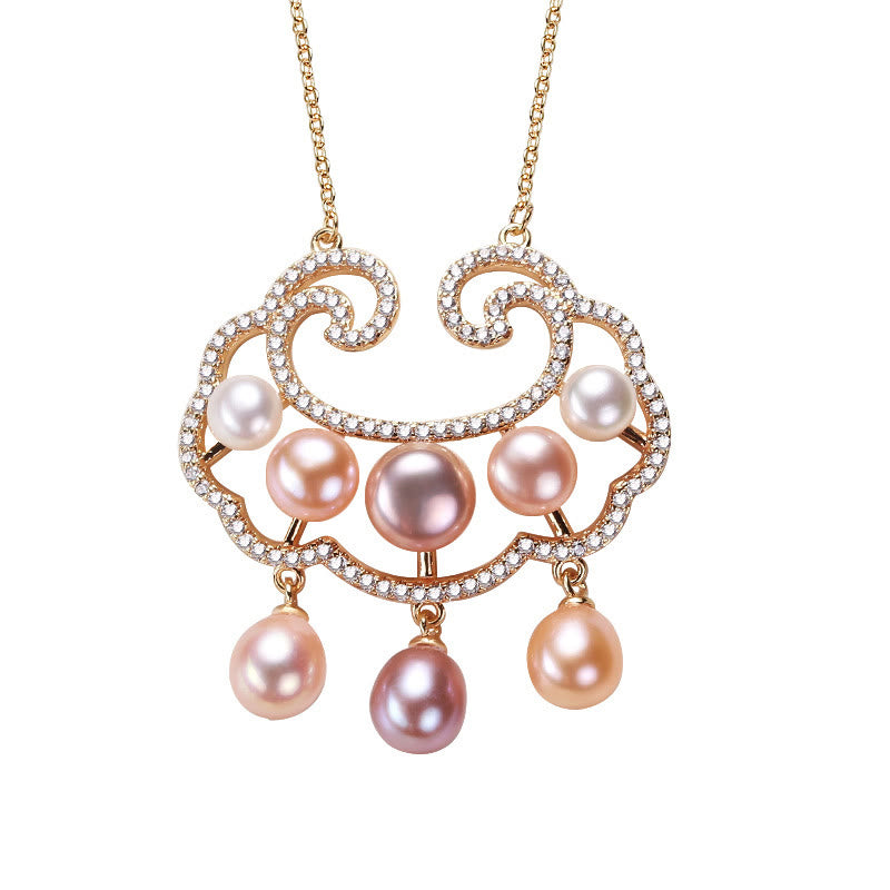 18K Gold Plated Pearl Necklace with Chinese Lock Charm for Sincerity