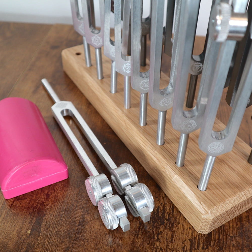 18pc Tuning Fork Set for Chakra and Solfeggio Frequencies with wooden holder and forks