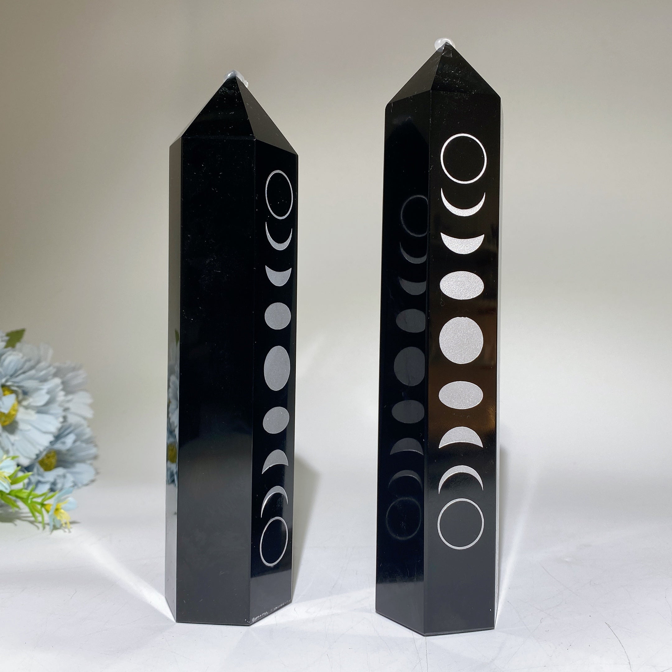 19-21cm Black Obsidian Moon Crystal Tower for Healing
