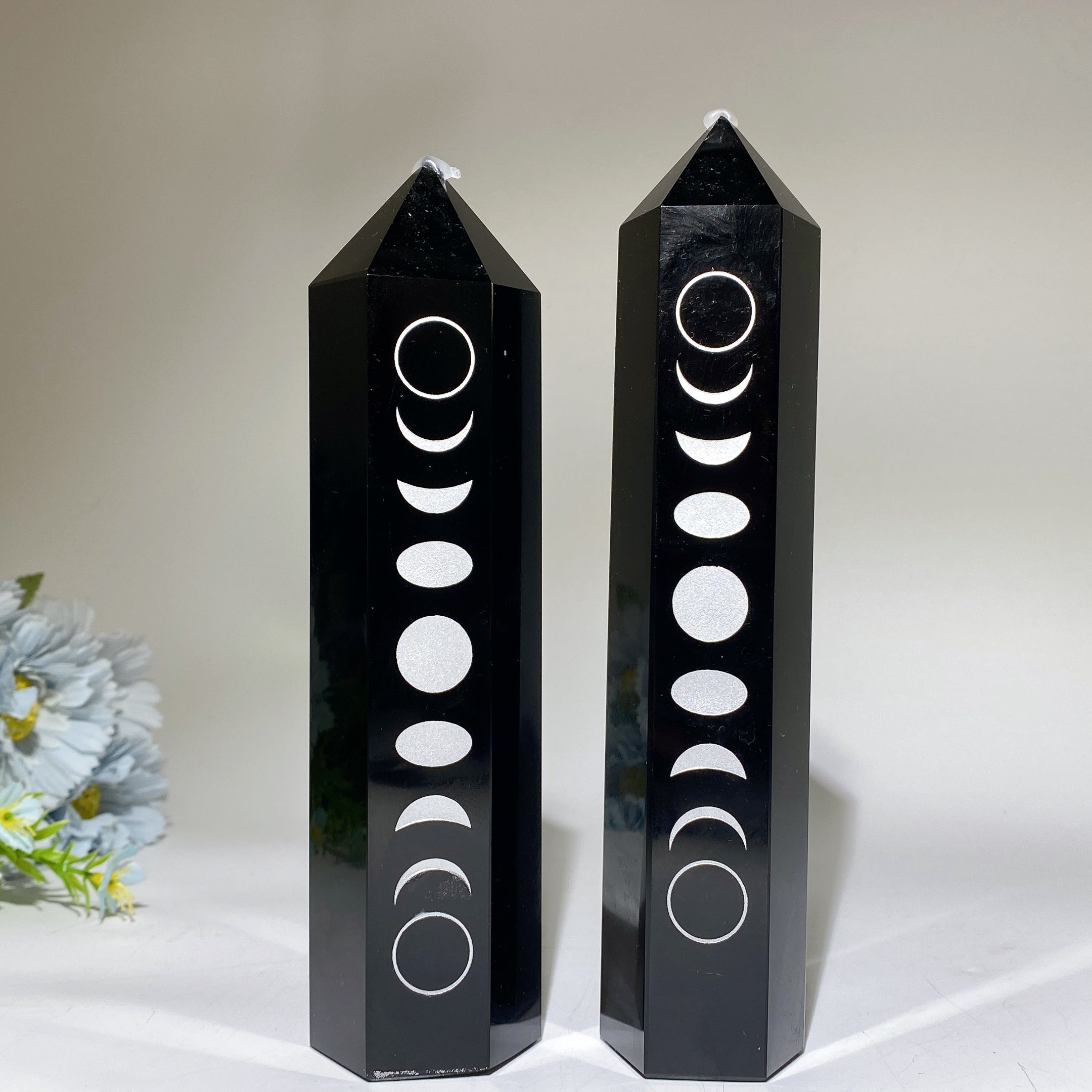 19-21cm Black Obsidian Moon Crystal Tower for Healing