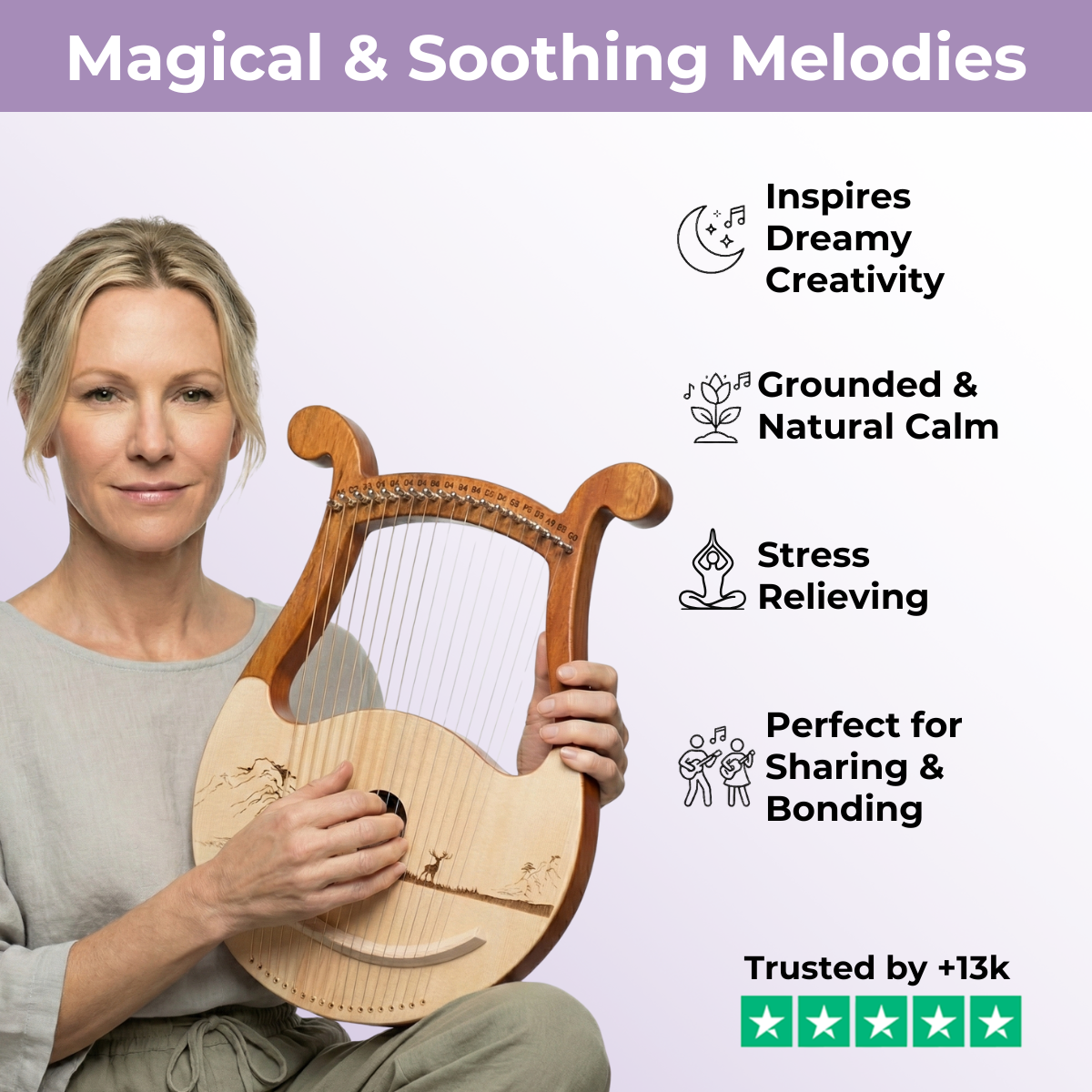 19-String Irish Lyre Harp with Levers Instrument