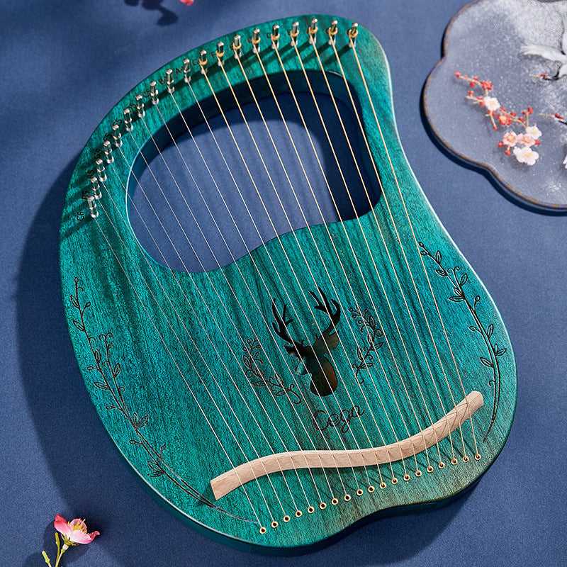 Turquoise Lyre Harp with Cactus Design and Metallic Strings in Mahogany Instrument