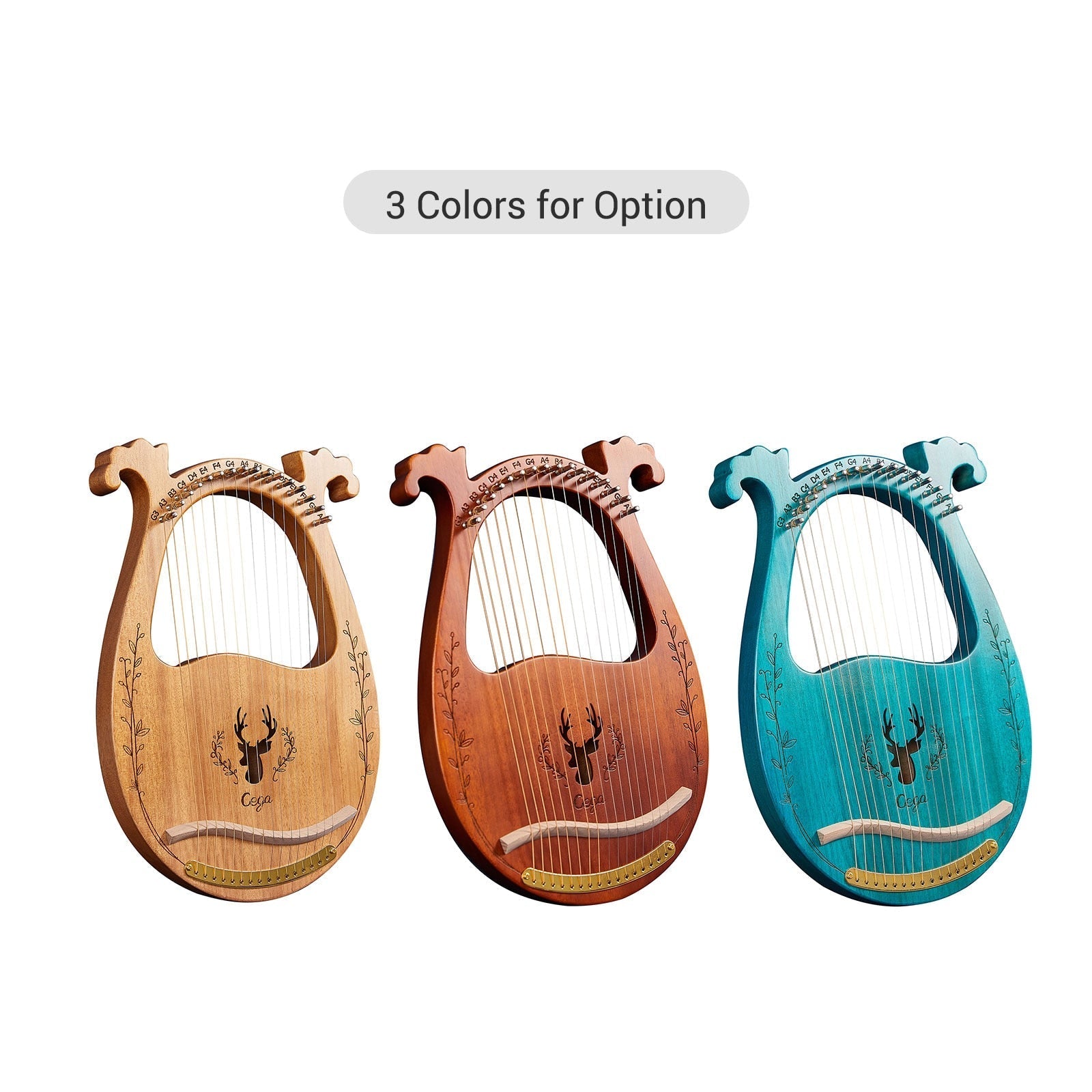 Three wooden lyres in natural, brown, and turquoise with deer head designs