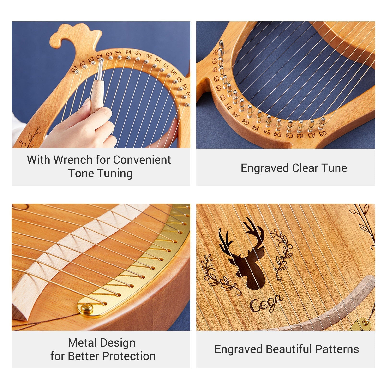 Wooden lyre harp with metal strings and decorative deer engraving in Mahogany finish