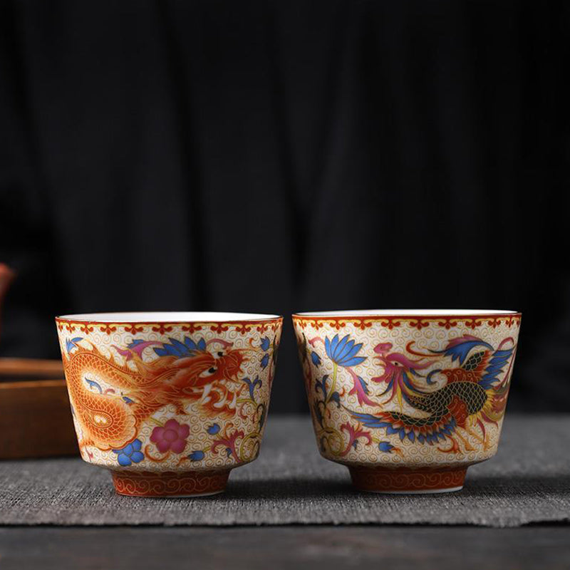 2Pcs Dragon Phoenix Ceramic Tea Cups for Zen Decor