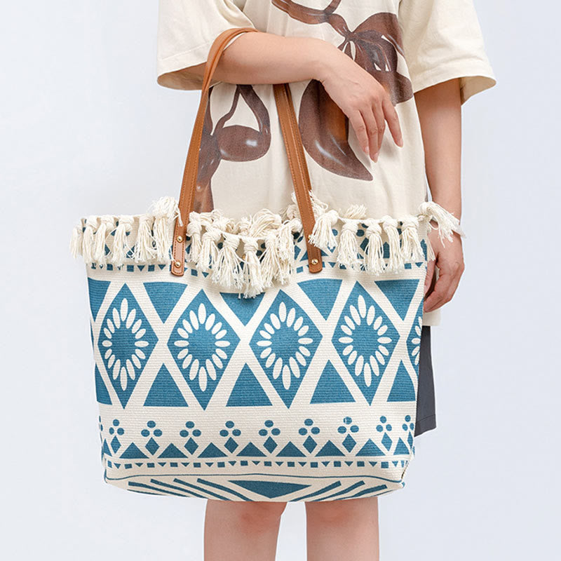 Large Canvas Tote Bag With Boho Geometric Tassels 50cm