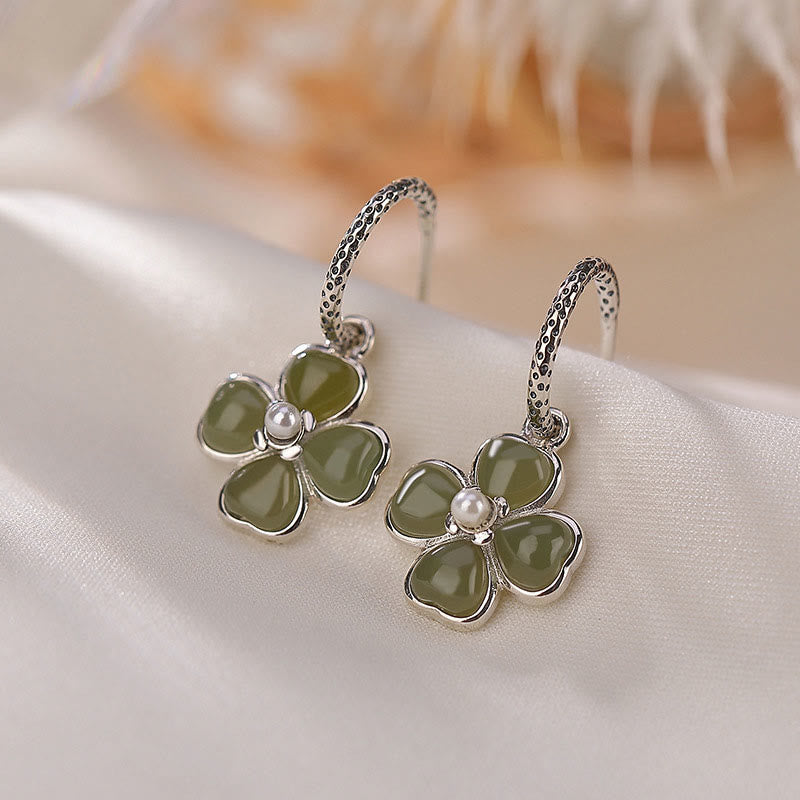 925 Sterling Silver Cyan Jade Four Leaf Clover Luck Earrings