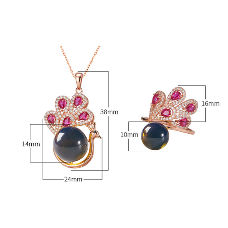 Peacock Amber Fortune Necklace & Ring | Healing Sounds