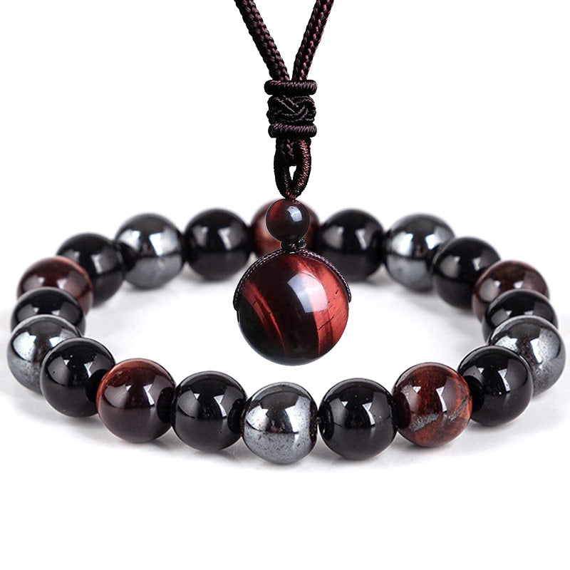 Unisex Tiger Eye Bracelet Necklace Set with 10mm Beads for Protection