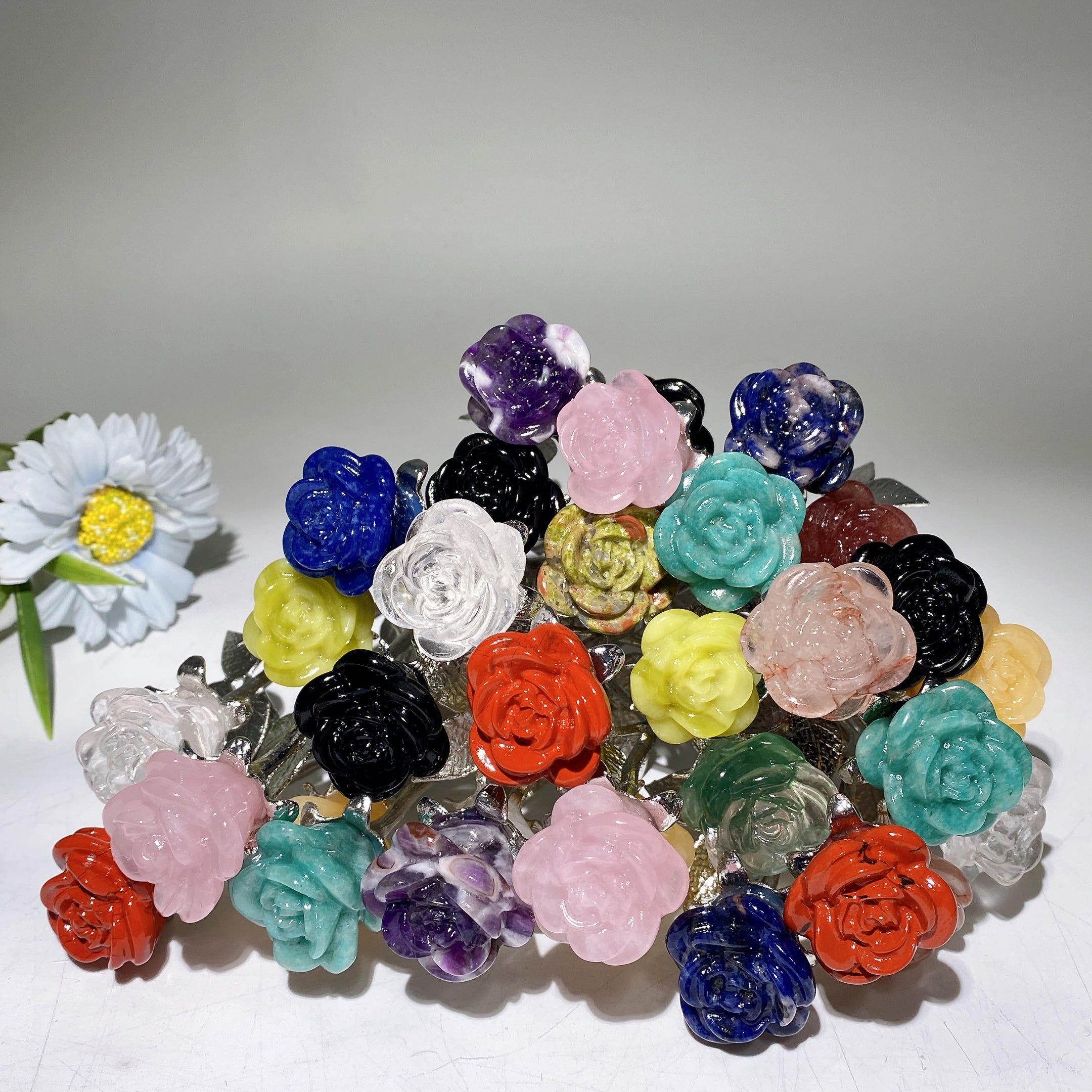 19cm Mixed Crystal Double Flowers | Silver Stem