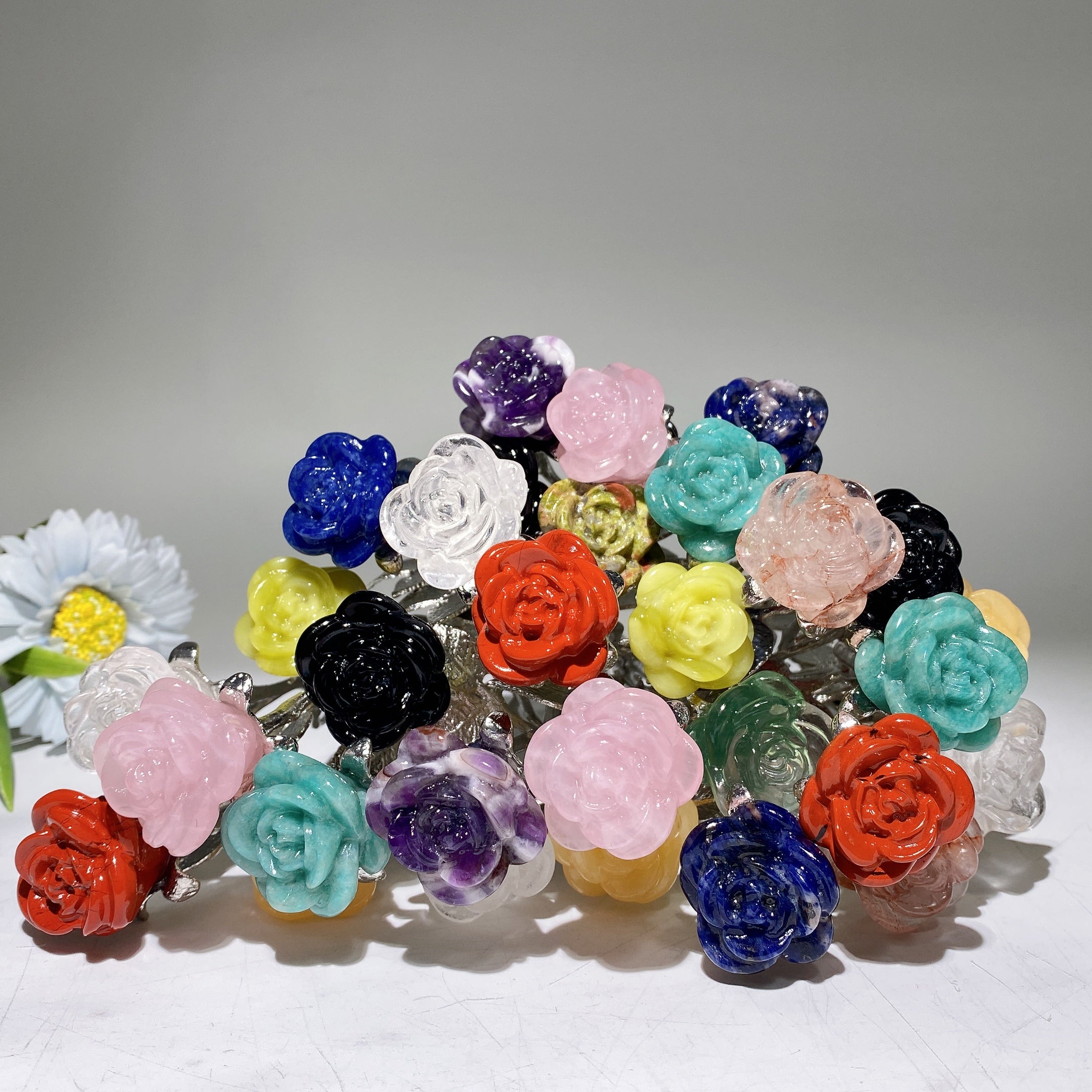 19cm Mixed Crystal Double Flowers | Silver Stem