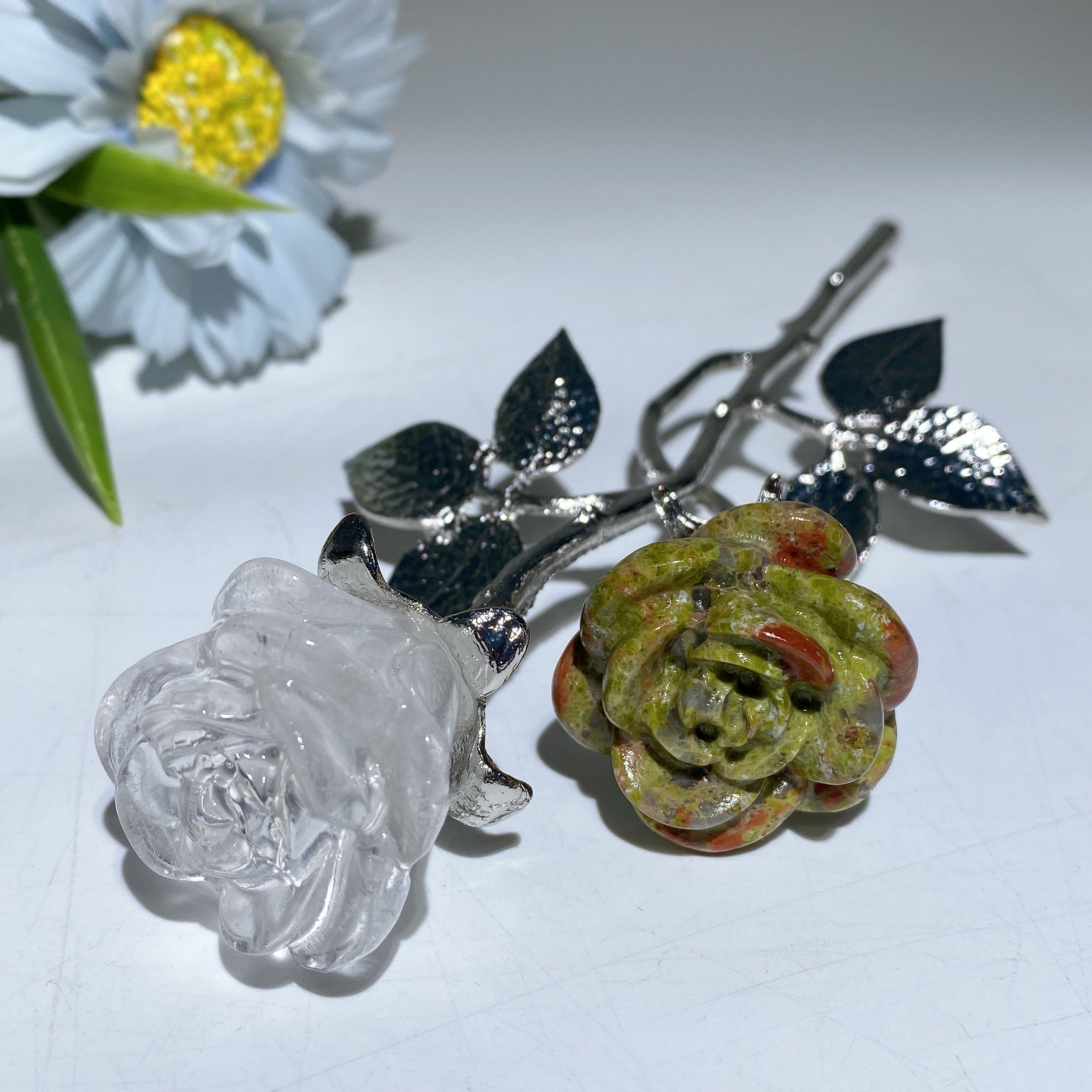 19cm Mixed Crystal Double Flowers | Silver Stem